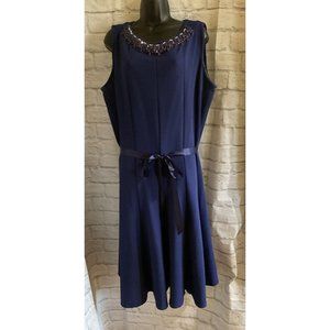 Navy Blue Hanni Dress Beaded Neckline Sleeveless Tie Waist Slight Flare(C1016)